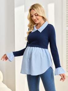 SHEIN Nursing Top With Ruffle Trim, Long Sleeve Shirt Collar, Front Button Nursing Access, Curved Hem, Knit & Woven Fabric Mix - Blue - View 3