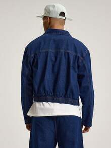 Musero Chaqueta de jean de ajuste corto y ancho con cintura elástica, detalles de costura y herrajes, chaqueta de jean coordinada, esencial de primavera y verano - Azul lavado oscuro - Ver 4