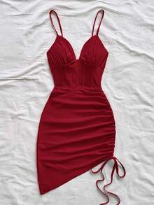 Soleia Women's Red Knitted V-Neck Fishbone Waist Ruched Asymmetric Hem Mini Slip Dress, Vacation - Burgundy - View 7