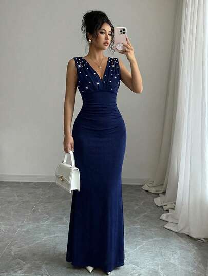 Elenzga Plus Size Women Elegant V-Neck Sleeveless Beaded Bodycon Party Dress