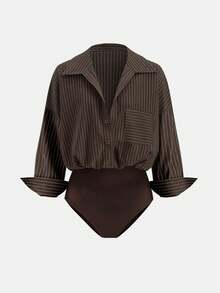 Airaco Women's Casual Everyday Commute Versatile Striped Print Drop Shoulder Loose Patchwork Pocket Bodysuit, Spring/Autumn