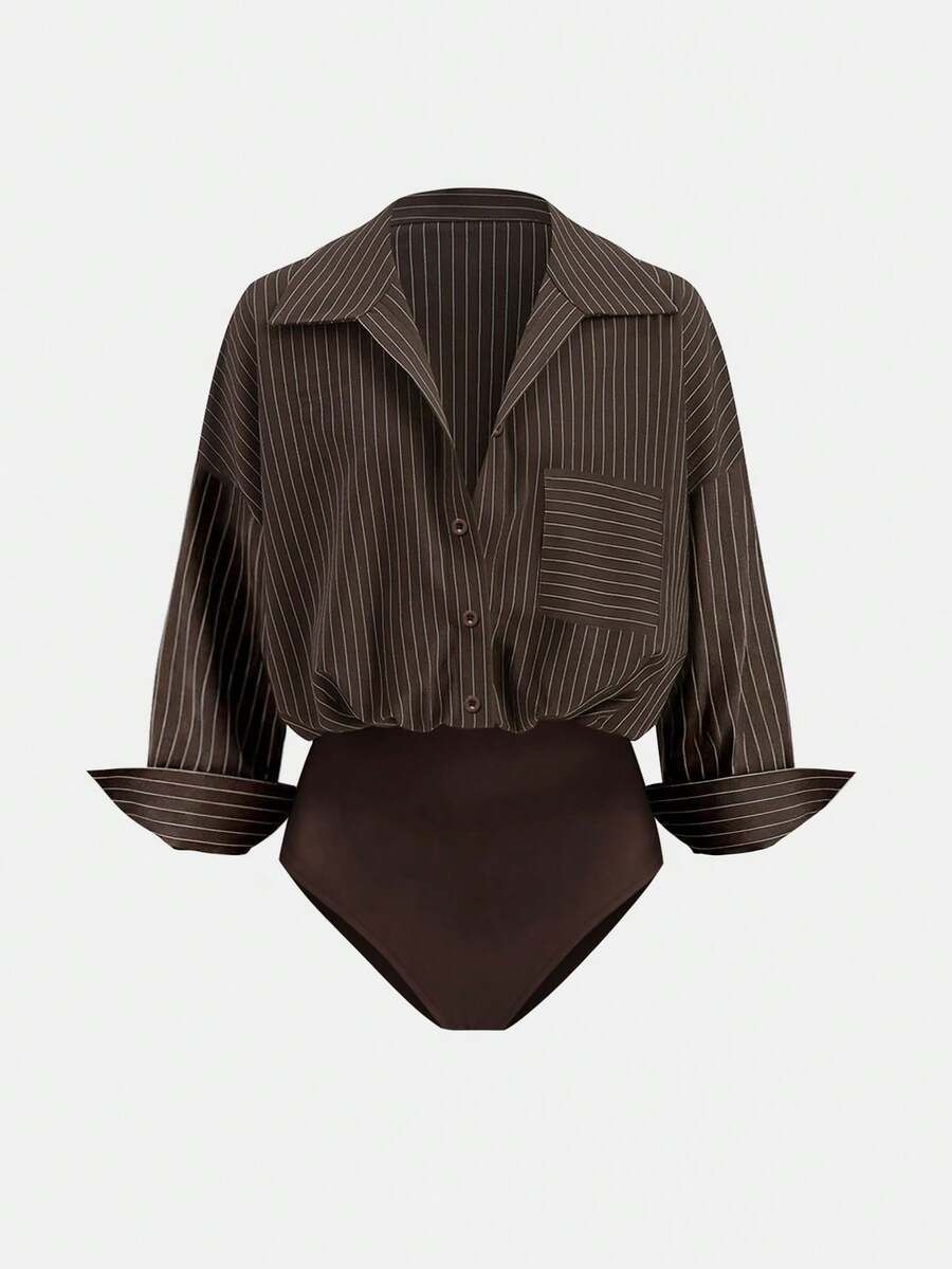 Airaco Women's Casual Everyday Commute Versatile Striped Print Drop Shoulder Loose Patchwork Pocket Bodysuit, Spring/Autumn