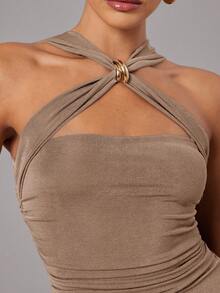 Silquee Women's Sleeveless Solid Color Metal Decor Dress - Brown - View 8