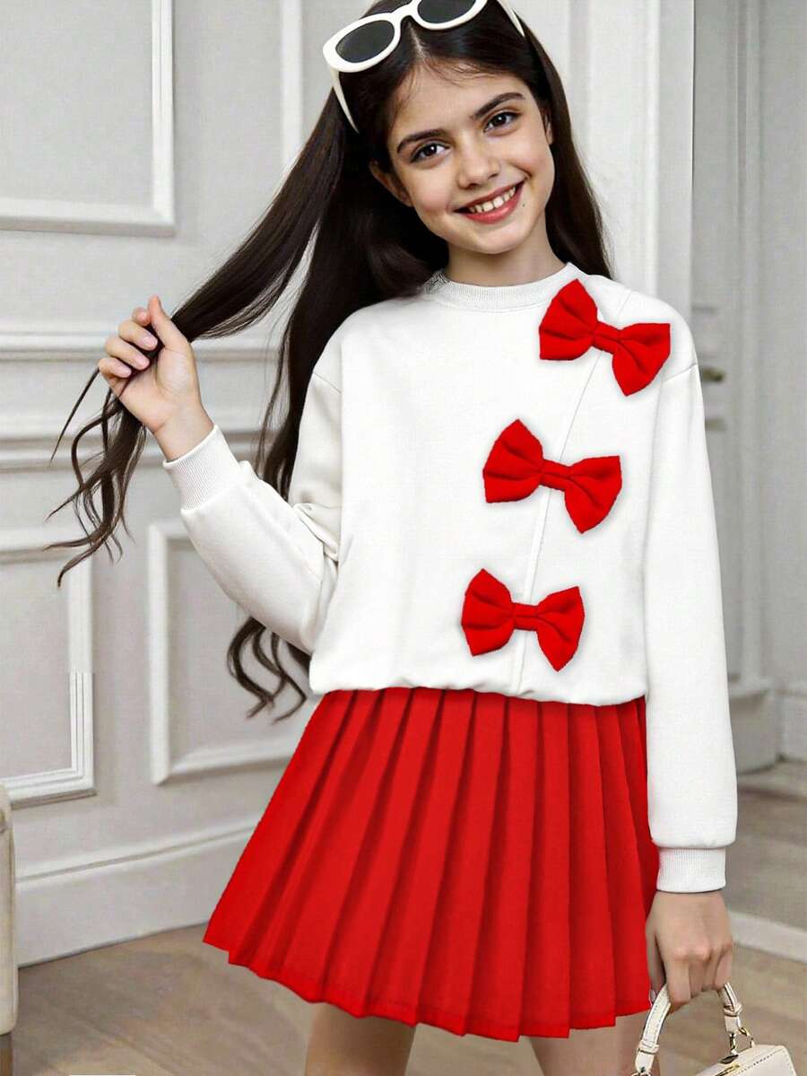 2 pièces/Set Sweat-shirt-shirt décoré d'un nœud et jupe plissée décontractés pour préadolescentes, Automne