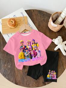 SHEIN Set de 2 piezas de camiseta de manga corta holgada con cuello redondo y pantalones cortos ajustados tipo ciclista, estilo retro dulce de niña Mori Girl, estilo preppy chic casual minimalista, estampado de retrato de niña de K-POP, adecuado para primavera/verano, estilo Y2K, estilo coreano, para niña bebé - Multicolor - Ver 3