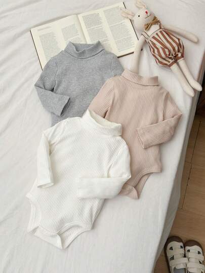 SHEIN 3件套新生儿男/女童加厚抓绒纯色舒适高领长袖连体衣裤套装，百搭休闲可爱基础款，适合室内、室外、日常、运动、玩耍、派对、万圣节、秋冬季等场合。