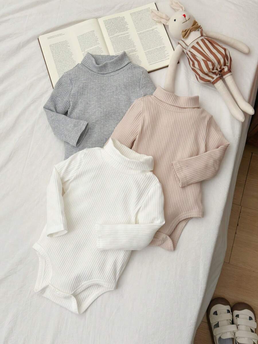 SHEIN 3件組新生兒男嬰/女嬰幼兒白色秋季端莊家庭套裝 加厚抓絨素色高領長袖上衣與冬季長褲套裝 - 彩色 - 查看 1