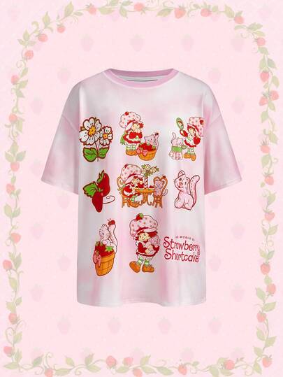 Strawberry Shortcake | ROMWE Women's Tie-Dye Oversized Loose Casual Cartoon Pattern Short Sleeve T-Shirt