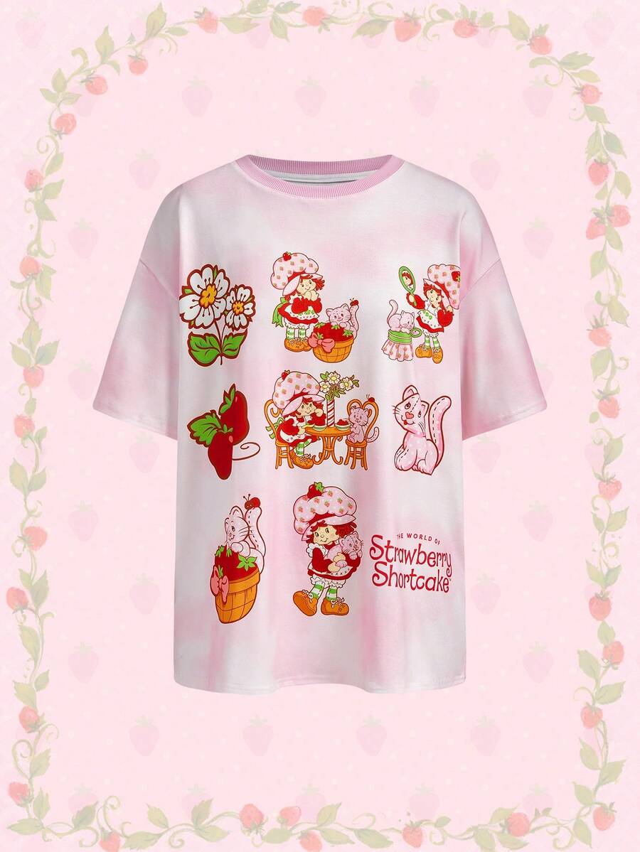Strawberry Shortcake | ROMWE Áo thun nữ tay ngắn dáng rộng, thoải mái, nhuộm tie-dye, họa tiết hoạt hình. - Hồng - Xem 1