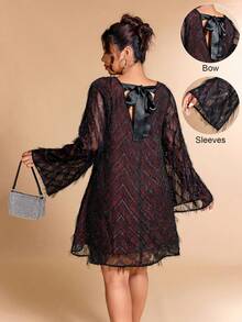 Cravure Plus Size Women's Fluffy Bow Decor Flare Sleeve Dress, Fashionable For Vacation And Party  Day - Multicolor - View 1
