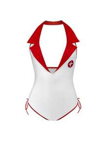 Women's White & Red Nurse Costume Jumpsuit, Sexy Alluring Appealing Roleplay Cosplay Outfit For Couples Date Night - Red and White - View 7