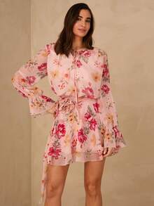 Enchnt Women's Blush Pink Floral Print Mini Dress,3D Rose Decor Tie-Up Long Sleeve Boho Sweet&Elegant Garden Party Holiday Autumn Spring Clothes - Pink - View 2