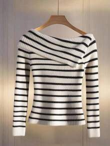 Franclia Women's Plus Size Asymmetric Collar Black And White Striped Pullover,Elegant Formal Ribbed Knit Long Sleeve Sweater For Autumn Winter,Fitted Tops - Multicolor - View 1
