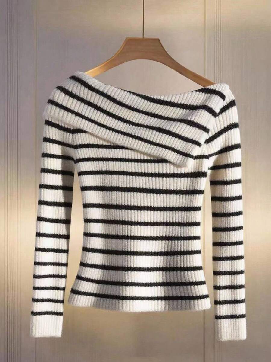 Franclia Women's Plus Size Asymmetric Collar Black And White Striped Pullover,Elegant Formal Ribbed Knit Long Sleeve Sweater For Autumn Winter,Fitted Tops - Multicolor - View 1