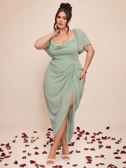 SHEIN BAE Vestido casual de manga corta de unicolor y minimalista para mujer de talla grande