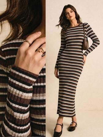 Poéselle Women's Casual Vintage Striped Round Neck Long Sleeve Dress, Autumn