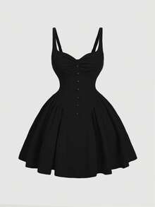 SHEIN MOD 大码女式无袖褶皱胸前纽扣装饰下摆连衣裙 - 黑色 - 查看 1