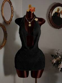 Swim SXY Bộ 3 món dành cho nữ: Váy dệt kim màu trơn cổ yếm hở lưng + Bộ bikini tam giác màu sâm panh, gợi cảm và tối giản, phù hợp cho bãi biển, kỳ nghỉ, tiệc tùng. - màu đen - Xem 4