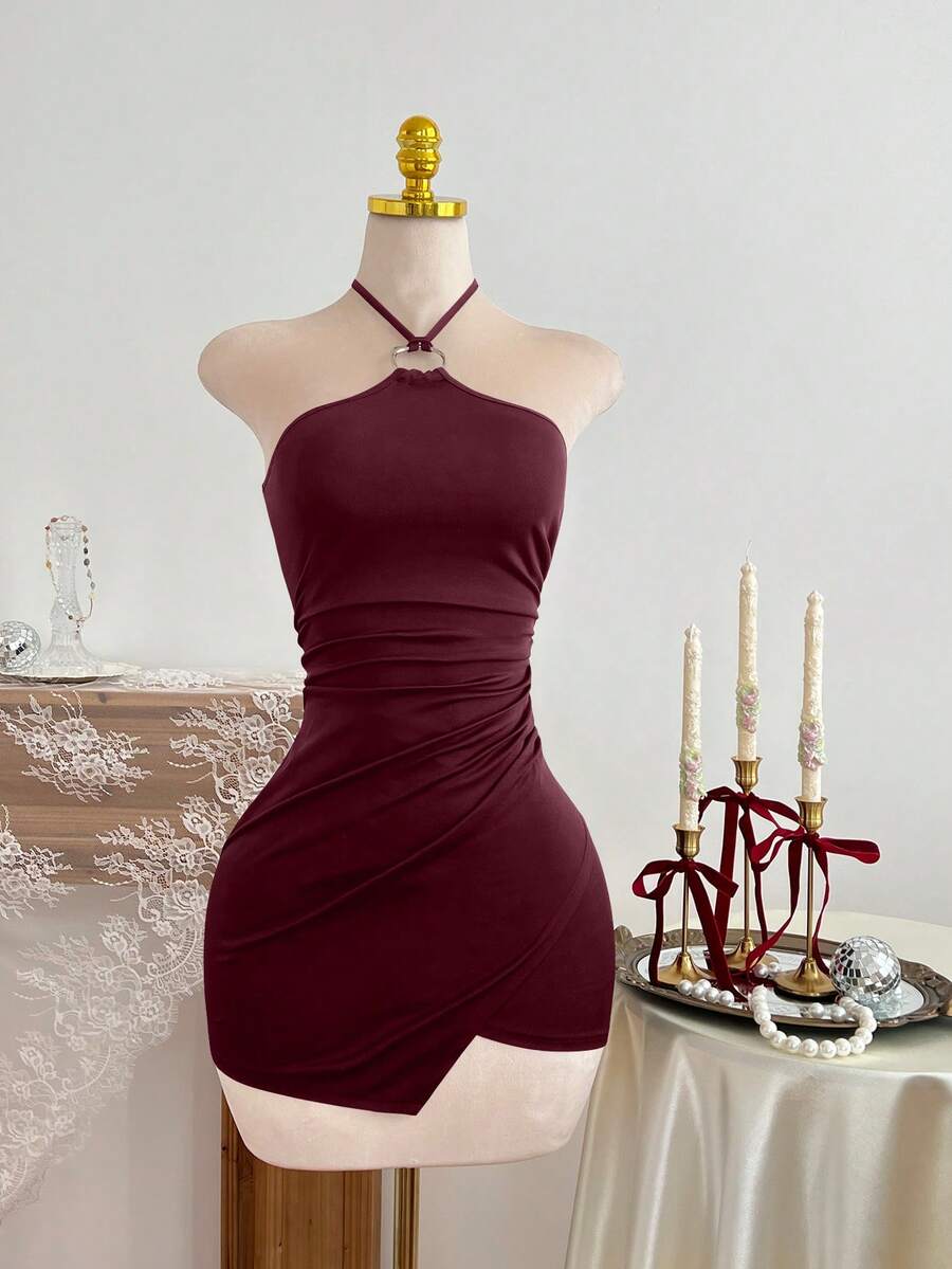 Elamini 女士金属环装饰吊带迷你连衣裙 - 酒紅色 - 查看 1