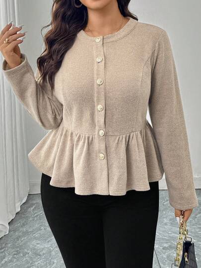 SHEIN LUNE Plus Size Solid Color Front Button Ruffle Hem Elegant Long Sleeve Winter Button Up Coat Women Luxury For Women Neutral For Women Winter For Women Id AI-Adha Spring Breaks