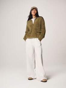 MISSGUIDED 实用拉链泰迪熊图案开衫毛衣，带口袋，长袖，宽松版型，秋冬舒适外套 - 綠色 - 查看 3