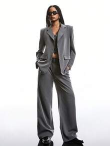 SHEIN EZwear 2pcs/Set Women Plain Front Button Long Sleeve Pocket Revere Collar Top & Pants Casual Suit In Fall/Winter - Grey - View 5