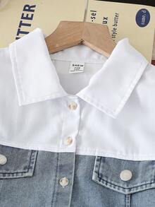 SHEIN 1件春秋新款韩版女童连衣裙，二合一衬衫领拼接牛仔蝴蝶结装饰泡泡长袖修身A字裙，适合日常、通勤、派对穿着。 - 淺色水洗藍 - 查看 3