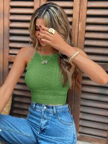 Serisse Women Solid Lace Splice Halter Neck Slim Fit Crop Top,Summer Top - Green - View 6