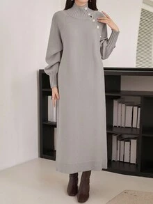 DAZY 女士休闲纯色高领系带毛衣连衣裙，秋冬款 - 淺灰色 - 查看 3
