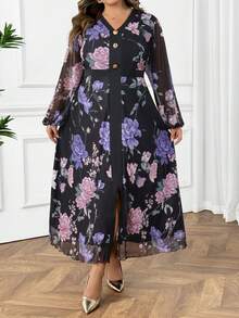 SHEIN CURVE+ Valentine's Day Women's V-Neck Lantern Sleeve Stretch Mesh Contrast Print Fitted Waist Elegant Romantic Plus Size Dress Fall Cloth For Women 8xl Women Clothes Plus Size Floral Dress - Multicolor - View 10