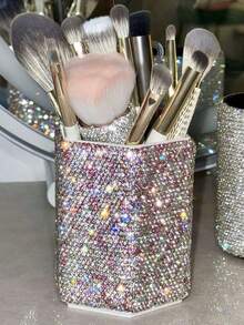 1 pièce Cylindre de rangement pour pinceaux de maquillage avec strass brillants, organisateur d'outils cosmétiques, porte-stylo, tube à stylo, fournitures scolaires, rangement pour peignes, décoration de bureau intérieur, cadeaux pour anniversaire et fêtes, art décoratif avec diamants, Halloween, Noël, reconnaissance, famille, amis - Multicolore - Voir 1