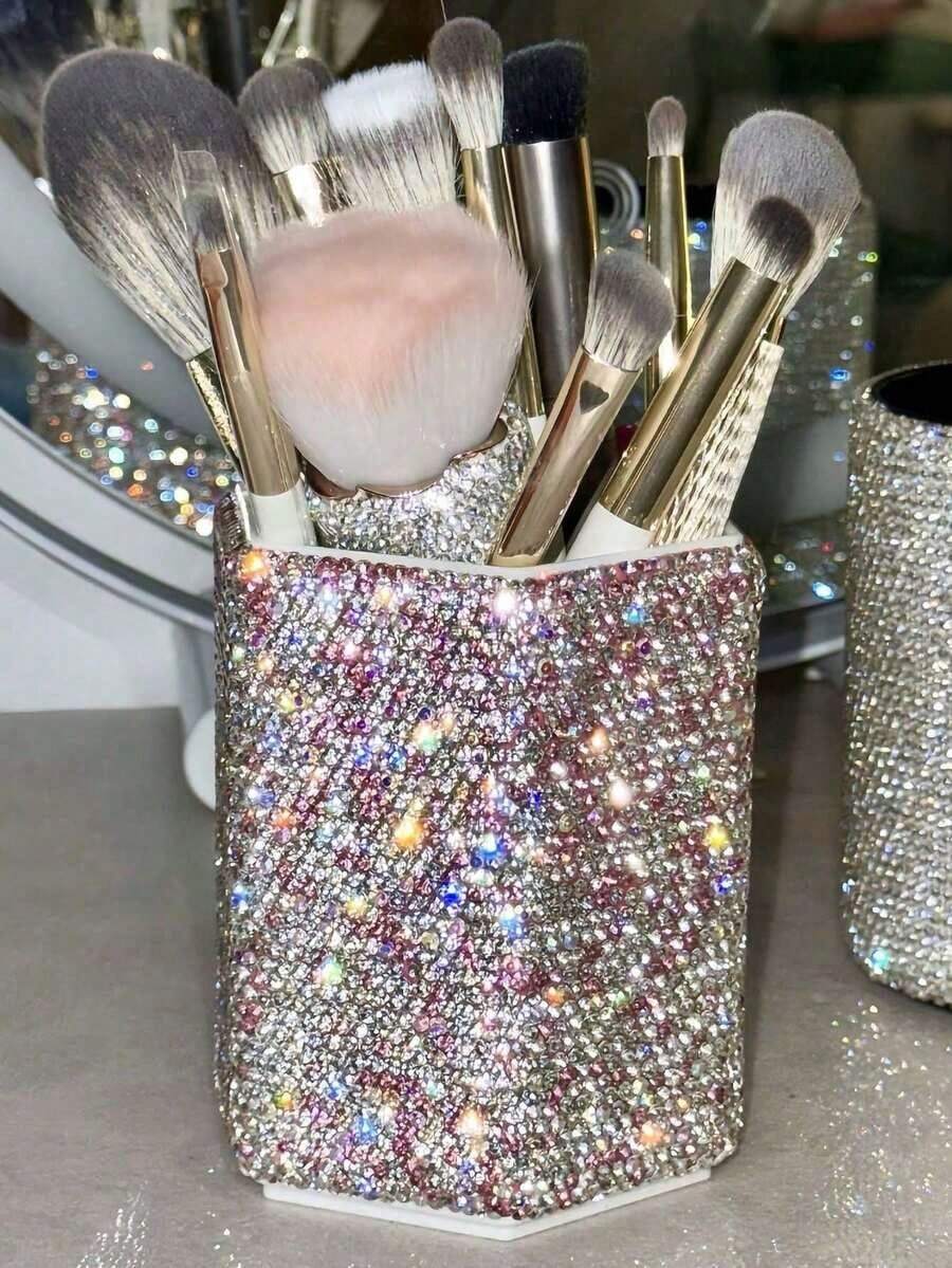 1 pièce Cylindre de rangement pour pinceaux de maquillage avec strass brillants, organisateur d'outils cosmétiques, porte-stylo, tube à stylo, fournitures scolaires, rangement pour peignes, décoration de bureau intérieur, cadeaux pour anniversaire et fêtes, art décoratif avec diamants, Halloween, Noël, reconnaissance, famille, amis - Multicolore - Voir 1