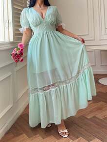 Vibekara Vestido de gasa verde retro francés con parches de encaje, de longitud hasta el té, elegante para primavera, verano y otoño; vestido camisa minimalista con cintura ceñida y mangas abullonadas; vestido de fiesta con falda acampanada - Verde - Ver 6