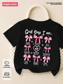 SHEIN Explorewe Baby Girls' "God Says I Am Strong" Bow, Pearl, Heart Print Round Neck Short Sleeve Cute Black T-Shirt - Black - View 7