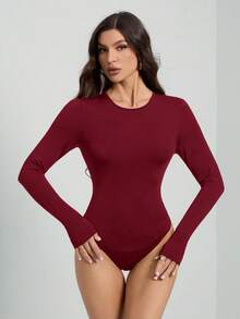 SHEIN Tall 女款純色長袖修身連身衣T恤 - 中紫紅色 - 查看 7