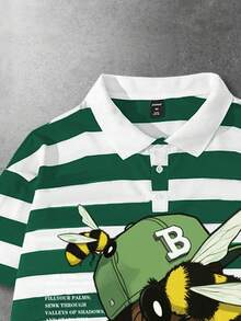 ROMWE MEN Men's Casual Loose Fit Striped & Figure Print Short Sleeve Polo Shirt - Green - View 4