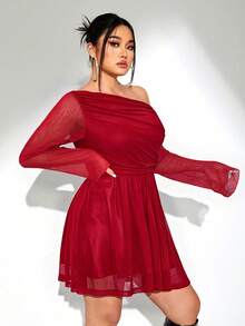 SHEIN ICON 大码纯色不对称领口优雅长袖连衣裙 - 紅色 - 查看 4
