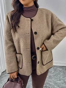 SHEIN LUNE Plus Size Contrast Color Casual Long Sleeve Winter Knitted Button Up Coat - Khaki - View 2
