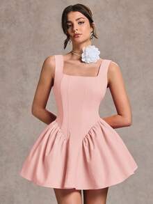 SHEIN BAE 秋冬季纯粉色性感简约甜美浪漫吊带露背蝴蝶结装饰蓬蓬裙女士迷你连衣裙，适合毕业派对、正式场合、鸡尾酒会、浪漫约会、秋冬季叠穿、派对、夜店、婚礼伴娘礼服、晚礼服、万圣节礼服、圣诞节礼服 - 藕粉色 - 查看 4