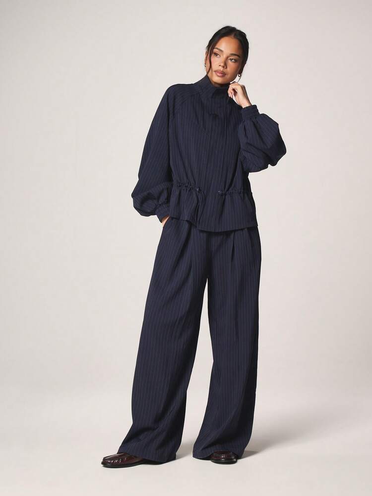 MISSGUIDED Women Pinstripe High Rise Wide Leg Dress Pants With Pleated Details And Side Pockets For Office Professional Work Winter Spring