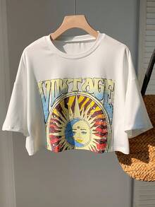 SHEIN EZwear 太陽和字母圖案落肩袖短款T恤
