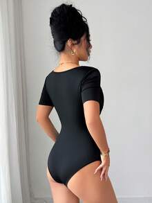 Body elegant pentru femei Elenzga, guler ascuțit, decor cu frânghie metalică, mânecă lungă, 2 în 1, negru - Negru - Vizualizare 2