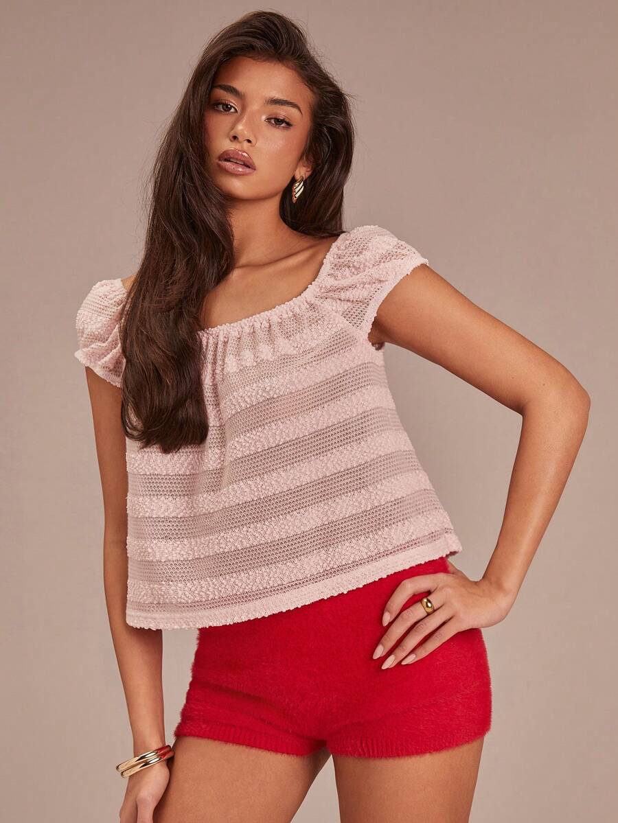 Athîral Women's Casual Striped Raglan Short Sleeve Knit Top,Pink Knitted A-List Top With Small Sleeves, Soft Knitted Fabric, Pink Striped Top,Valentine Clothes,Valentine's Day Outfit,Pink Top - Baby Pink - View 1