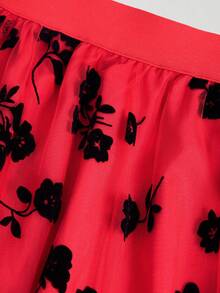 Franclia Plus Size Women Allover Floral Print Plush Mesh Flare Maxi Skirt - Red - View 6