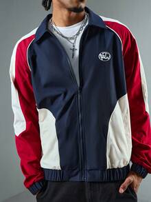 ROMWE MEN Street Life Chaqueta casual con cremallera delantera, mangas raglán y parches de color contrastante para hombres - Azul - Ver 9