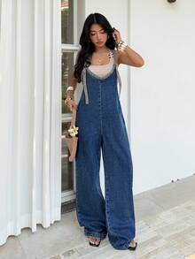 Sunnyshic 女士撞色阔腿休闲牛仔连体裤 - 深色水洗藍 - 查看 3