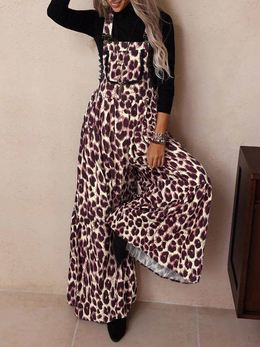 LanaWest Bộ jumpsuit nữ kiểu dáng vintage miền Tây mới, họa tiết da báo, viền ren, ống rộng, dây đeo có thể điều chỉnh, xếp ly, phong cách thường ngày. - Màu Khaki - Xem 1