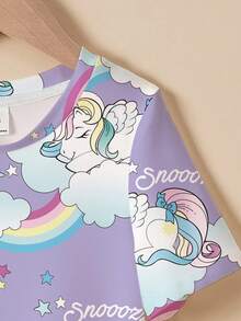 My Little Pony X SHEIN 女童可爱卡通彩虹字母图案短袖宽松T恤裙，休闲日常通勤，夏季 - 白色 - 查看 6