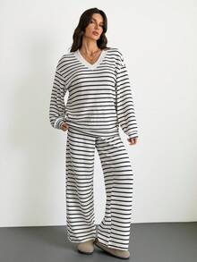 SHEIN Tall 女士两件套宽松条纹V领落肩长袖T恤和松紧腰条纹裤，夏季毛衣套装，春夏/夏季 - 黑與白 - 查看 4