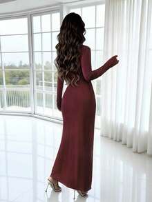 Rafferiza Women's Round-Neck Pink Pleated Design Diamond Chain Decorated Dress, Tight Elastic Waist-Cinching Elegant Dress,Fashionable And Elegant, It Is Suitable For Daily Wear, Weddings, Banquets, Daily Commutes, Graduation Parties, Festival Events, Vacations, Dates, Parties, Halloween, Christmas, New Year And Thanksgiving - Burgundy - View 2